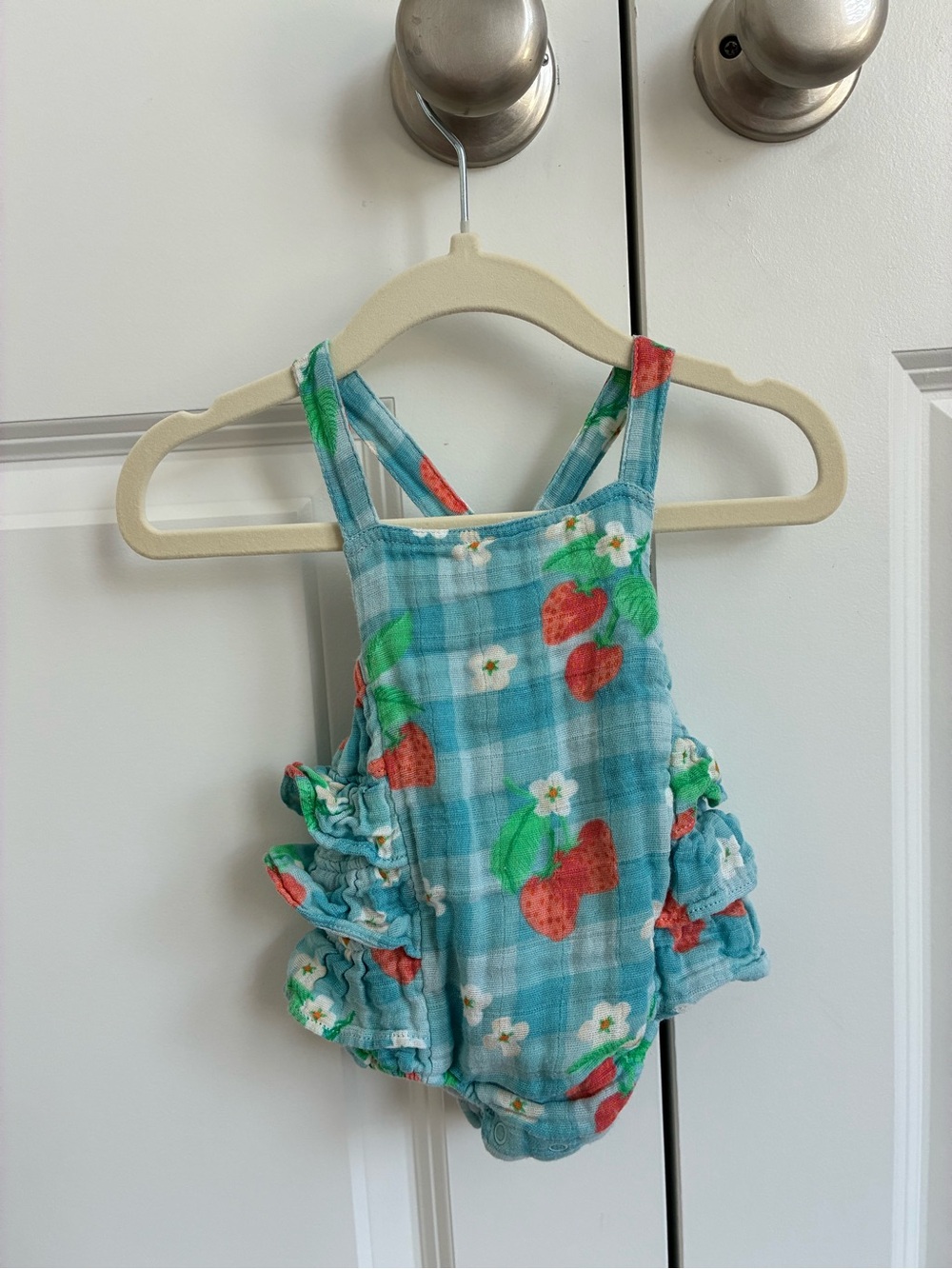 Angel Dear Blue Plaid Strawberry Ruffle One-Piece